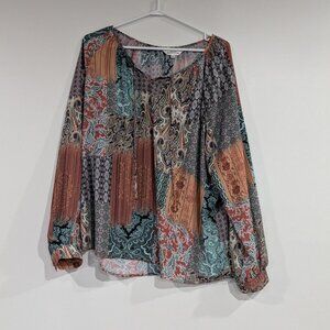 Northern Reflections Paisley Printed Sheer Peasant Blouse Tan Turquoise Size XXL